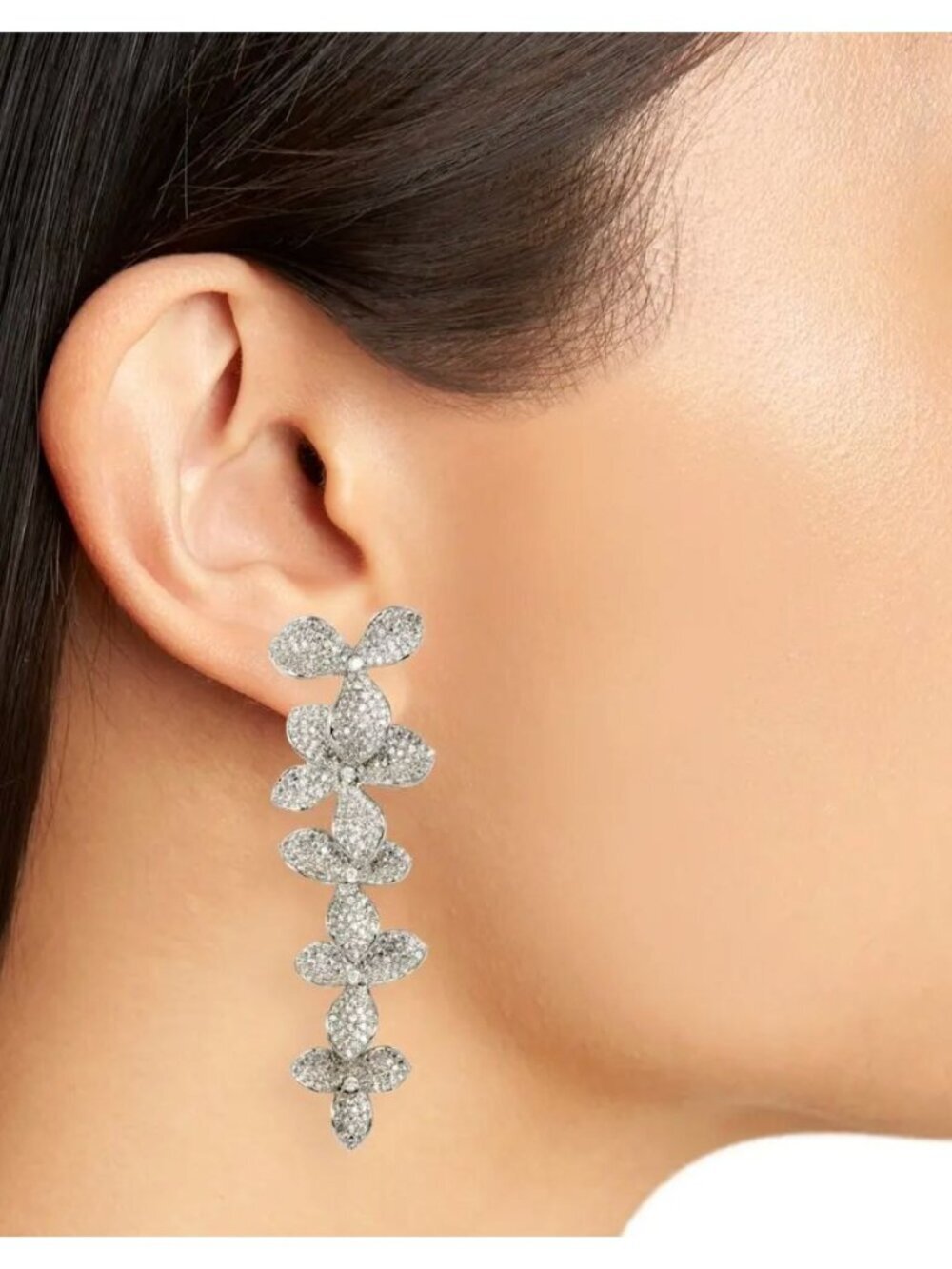 NWB Sashi Lilliana Cascading Floral Silver CZ Drop Pierced Earrings 2.25" $187